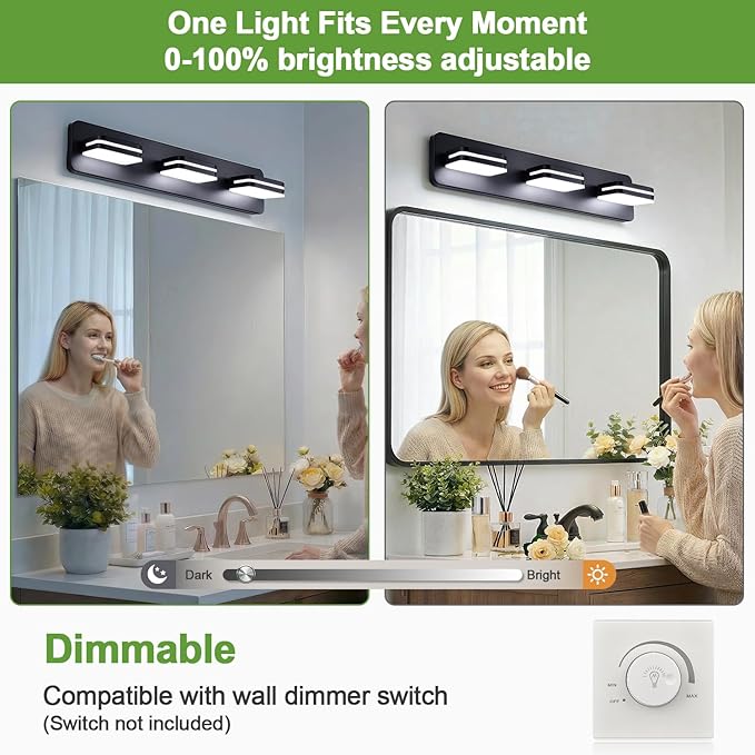 360° Rotate LED Dimmable Bathroom Vanity Light Fixtures, 1300LM Acrylic Matte Black Vanity Lights for Bathroom, Modern Wall Lighting Fixtures Over Mirror Kitchen Living (Natural White Light 5000K)
