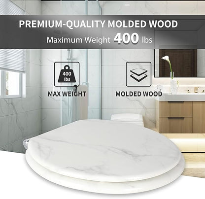 Angel Shield Marble Toilet Seat Durable Molded Wood with Quiet Close,Easy Clean，Quick-Release Hinges (Elongated,White Marble)