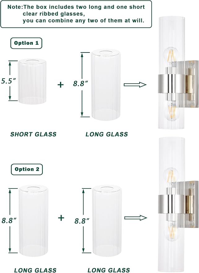 Modern Bathroom Sconces Wall Lighting with Clear Ribbed Glass, Polished Nickel 2-Light Bathroom Vanity Light Fixtures for Mirror Living Room Hallway Bedroom