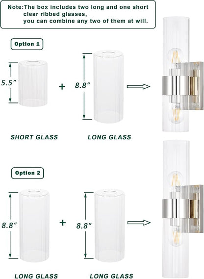Modern Bathroom Sconces Wall Lighting with Clear Ribbed Glass, Polished Nickel 2-Light Bathroom Vanity Light Fixtures for Mirror Living Room Hallway Bedroom