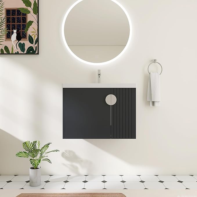 28 Inch Bathroom Vanity with Sink, 28" Floating Vanity with White Glossy Ceramic Sink, Plywood Wooden Bathroom Cabinet with Soft-Close Doors, Modern Wall Mounted Cabinet Set (Blue Black)