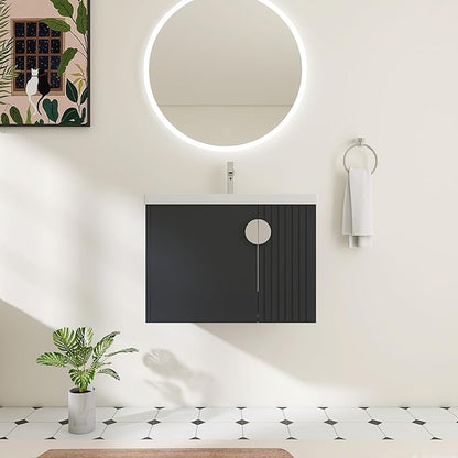 28 Inch Bathroom Vanity with Sink, 28" Floating Vanity with White Glossy Ceramic Sink, Plywood Wooden Bathroom Cabinet with Soft-Close Doors, Modern Wall Mounted Cabinet Set (Blue Black)