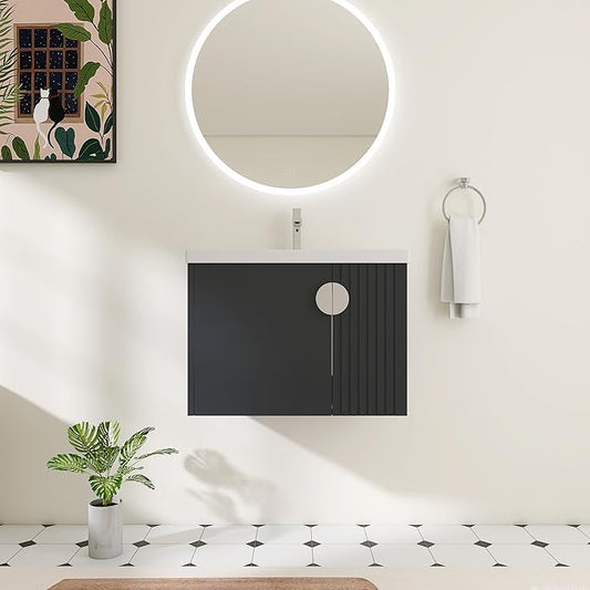 28 Inch Bathroom Vanity with Sink, 28" Floating Vanity with White Glossy Ceramic Sink, Plywood Wooden Bathroom Cabinet with Soft-Close Doors, Modern Wall Mounted Cabinet Set (Blue Black)