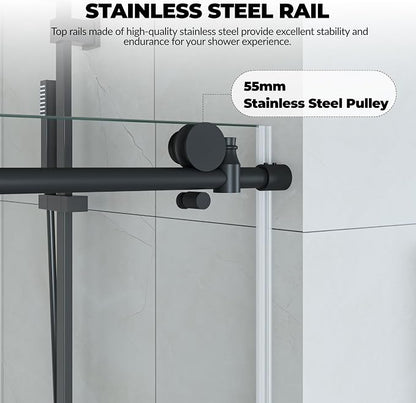 Frameless Shower Door 44–48 inch W× 76 inch H, Sliding Shower Door with Fixed Panel, Round Stainless Steel Track,6mm Tempered Glass, Matte Black, Stainless Steel Shower Door for Bathroom Renovation