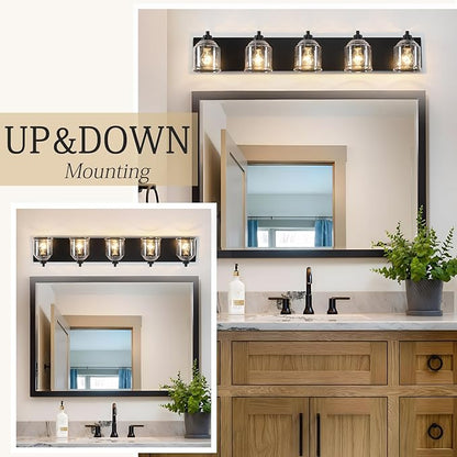 Vanity Lights for Bathroom Large 40", Farmhouse Rustic Vanity Light with Bubble Glass Shades, Black 5 Light Bathroom Lighting Fixtures Over Mirror, Bath Wall Sconce Home Decor