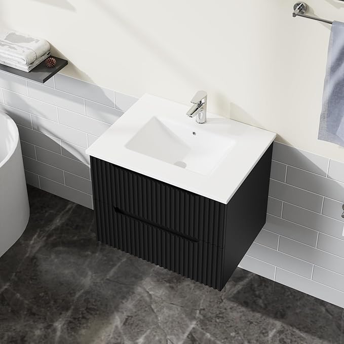 24” Wall Mounted Bathroom Vanity with Sink Floating Bathroom Cabinet Sink Combo, Soft-Close System, 2 Extra Big Drawers, Black