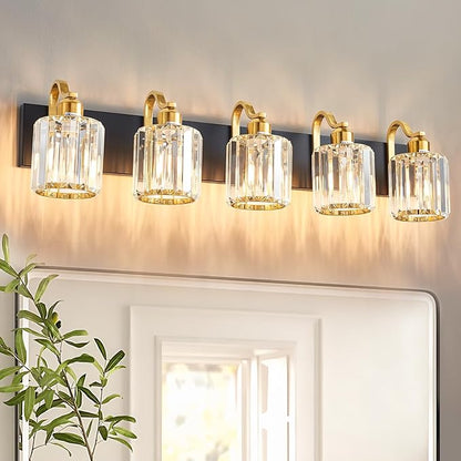 Black Gold Crystal Crooked Vanity Lights Over Mirror 5 Lights Bathroom Wall Lighting Fixtures with Round Shade (Exclude Bulb)
