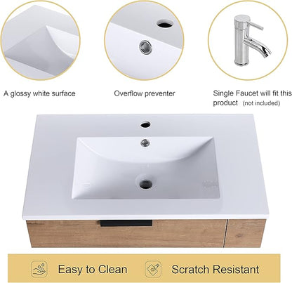 Malwee 30" Floating Bathroom Vanity with Resin Sink, 30 Inch Single Sink Wall Mounted Bathroom Vanity, with 3 Drawers, Bath Wall-Hung Cabinet Set with 3 Side Storage (014-30)