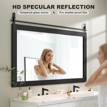 Hasipu Farmhouse Bathroom Mirror, 48"x32" Rustic Wood Framed Wall Mounted Mirror, Black Vintage Vanity Mirror Barn Door Style Decrative Mirrors
