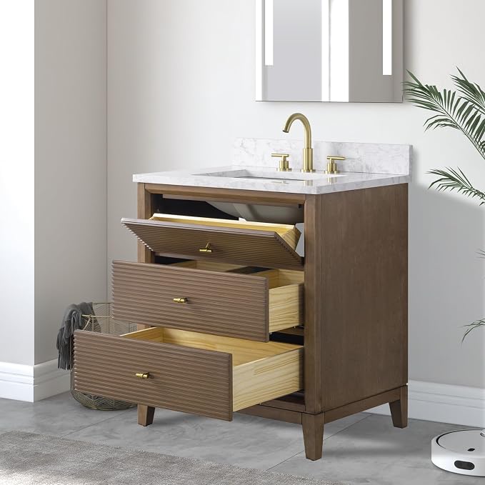 Vanity Art 30" Bathroom Vanity with Single Sink & Arabescato White Engineered Stone Top, Vanity Cabinet with Soft Closing Door, Solid Wood Frame, Golden Brushed Handles, Walnut VA8130-Walnut-GB