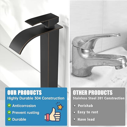 RUMOSE Tall Oil Rubbed Bronze Bathroom Faucet with Pop Up Drain Modern Single Handle One Hole Bathroom Vessel Sink Faucet Waterfall Spout Rv Lavatory Vanity Faucet Deck Mount Mixer Tap Stainless Steel