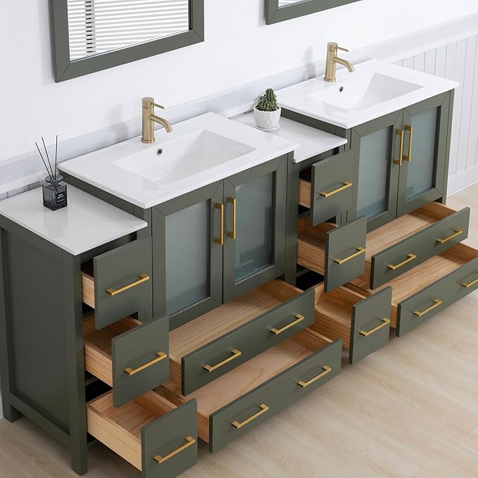 Vanity Art 84 Inch Under Mount Double Sink Bathroom Vanity Cabinet with 2 Mirrors, Ceramic Top Bathroom Cabinet Compact Set with 10 Dovetail Storage Drawers and Golden Brushed Handles, VA3030-84-VG