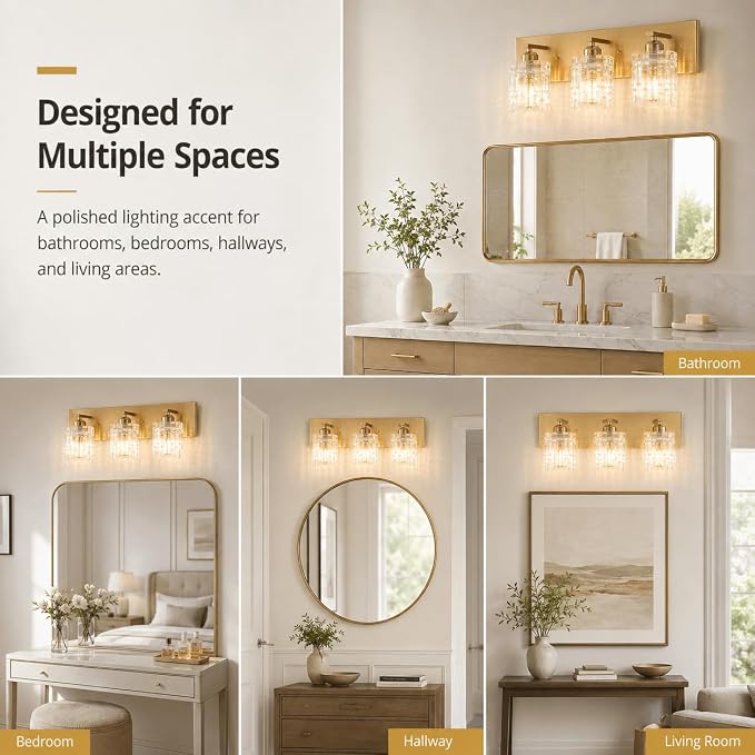 3 Lights Brushed Gold Crystal Bathroom Vanity Light,Modern Bathroom Wall Light,Crystal Over Mirror Light Fixtures for Living Room, Bedroom, Hallway
