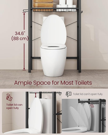 VASAGLE Over the Toilet Storage, Over Toilet Bathroom Organizer with Adjustable Shelves and Basket, 3 Hooks, Space Saving, 9.4 x 23.6 x 63 Inches, Rustic Brown UBTS113KD01S