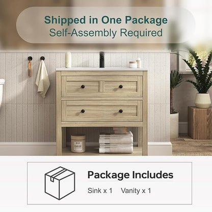 30 Inch Bathroom Vanity with Sink, Farmhouse Storage Cabinet with Drawers & Open Storage Shelf, Easy Assembly, Adjustable Feet, Oak