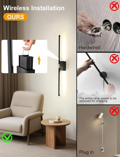 Battery Operated Wall Sconces Set of 2, Wireless Rechargeable Wall Lights | 10000mAh, Remote Control, 4CCT Dimmable, 360° Rotation, Modern Home Decor for Living Room, Bedroom, Hallway, Picture Lighting