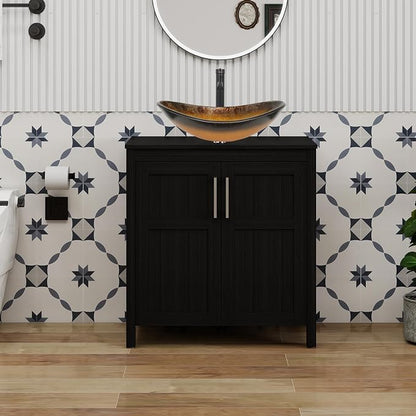 YOURLITE 30" Bathroom Vanity with Sink, Black Bathroom Vanity Cabinet with Faucet & Pop Up Drain Set,Traditional Vanity with Black Glass Bowl Bathroom Sink