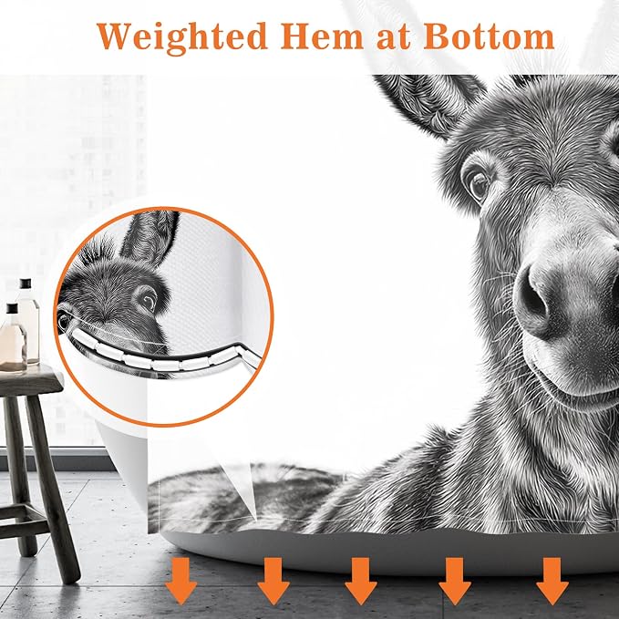 Funny Donkey Nice Ass Shower Curtain Gag Gift Farmhouse Decor Animal Black and White Novelty Sarcastic Rustic Bathroom Bath Decor Bathtub Curtain Fabric Shower Curtain Set with 12 Hooks, 72"x72"