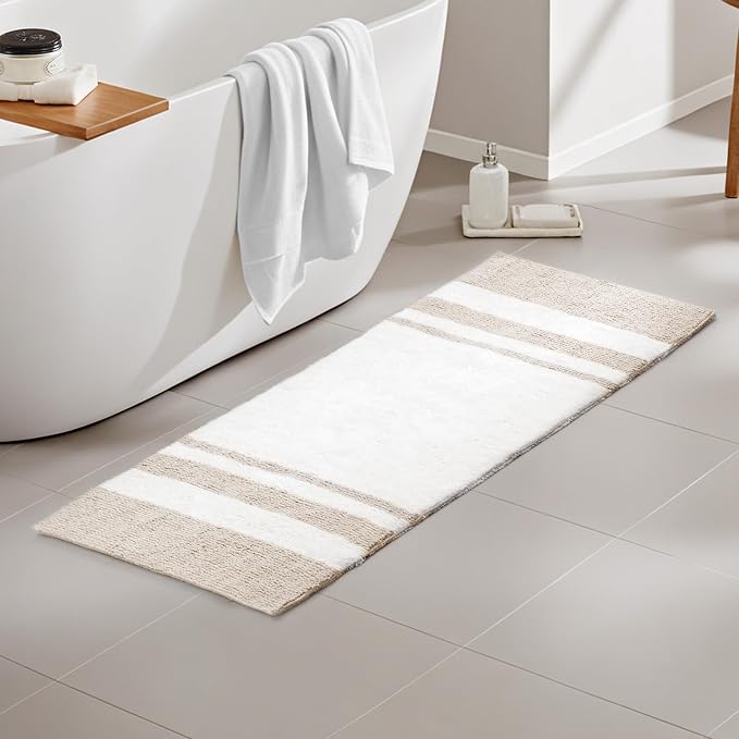 Madison Park Spa Cotton Bath Rug Non-Slip Absorbent, 27 x 45, Taupe | Quick Dry, Ultra Soft, Pile, Machine Washable, Striped Pattern, Plush, OEKO-TEX Certified