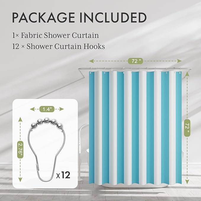 AmazerBath Blue Vertical Stripes Shower Curtain, Cute Blue Stripe Bathroom Shower Curtain with 12 Shower Curtain Hooks, Rustic Fabric Blue and White, 72x72 Inches