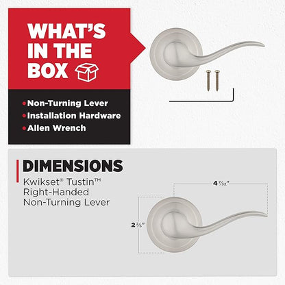 Kwikset Tustin Dummy Door Handle, Single Sided Lever for Closets, French Double Doors, and Pantry, Satin Nickel Non-Turning Right Handed Interior Push/Pull Lever, with Microban Protection