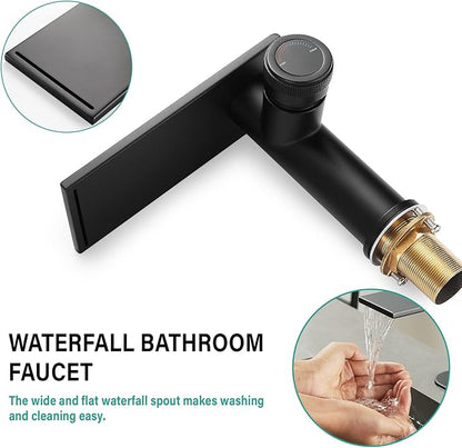 becola Modern Bathroom Sink Faucet，Black Bathroom Faucet，Waterfall Faucet for Bathroom Sink，Single Hole Cold and Hot Vanity Faucet，Single Handle Vessel Sink Faucet with Adjust Knobs and Deck Plate