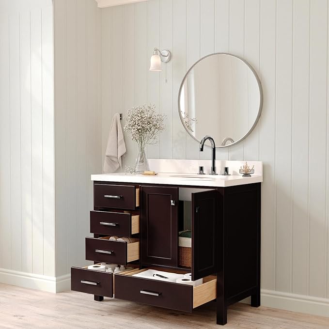 ARIEL Cambridge 42-inch Bathroom Vanity with Sink,Solid Wood, 1.5-inch Pure White Quartz Countertop & Backsplash, Single Oval Porcelain Sink, 2 Soft Closing Doors, 5 Dovetail Drawers, Espresso