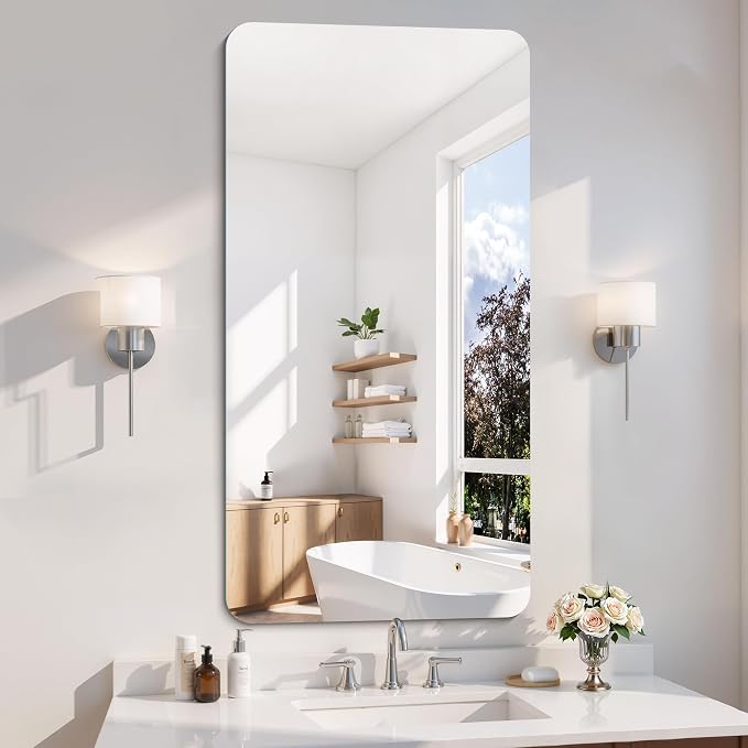 CILIBER Frameless Mirror, 24x48 Inch Rectangle Bathroom Mirror Rounded Corner, 3mm Tempered Glass Frameless Vanity Mirror with Polished Edge for Over Sink, Bedroom, Entryway, Vertical or Horizontal