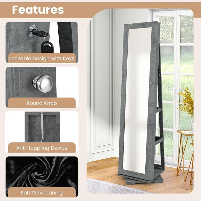 GOFLAME 360° Rotating Jewelry Armoire, Lockable Jewelry Cabinet with Full-Length Mirror & Inner Makeup Mirror, Standing Jewelry Storage Organizer with Rear Storage Shelves, Stone Gray