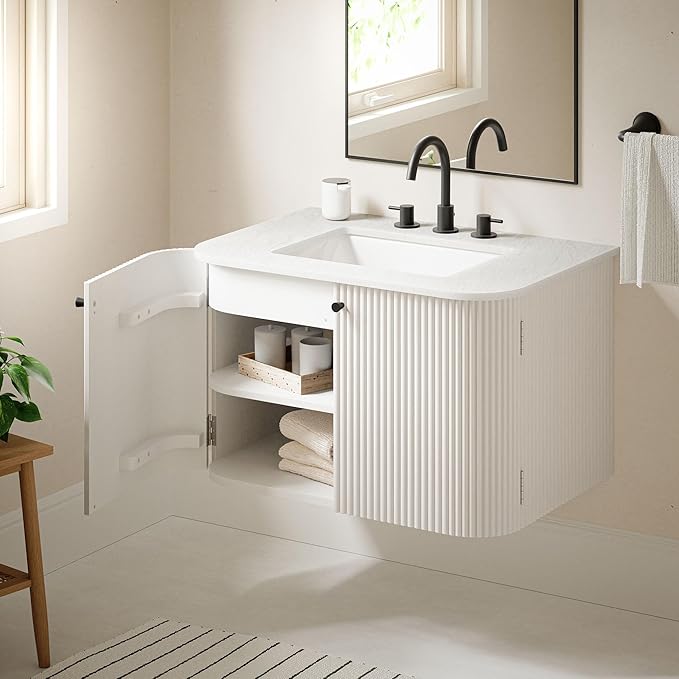 Modway Zia 30 Inch Wall-Mount Bathroom Vanity in Ivory with Marble Sink Basin - Floating Bathroom Cabinet with Fluted Design