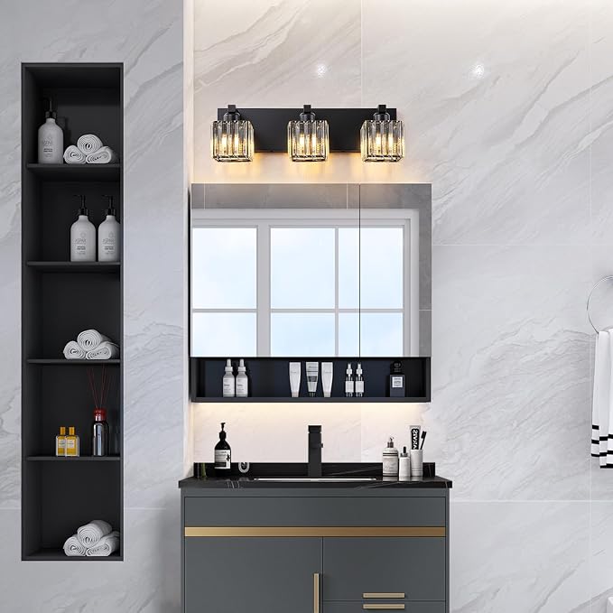 Black Vanity Light, 19.7" Modern Crystal Bathroom Light Fixtures Over Mirror 3-Light Bathroom Vanity Light