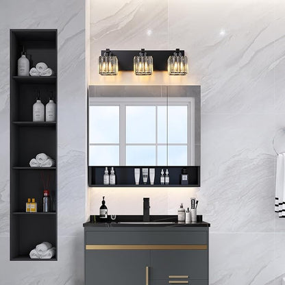 Black Vanity Light, 19.7" Modern Crystal Bathroom Light Fixtures Over Mirror 3-Light Bathroom Vanity Light
