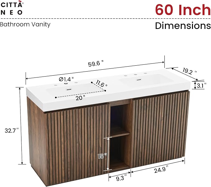 60 Inch Bathroom Vanity with Double Sink, Freestanding Double Sink Bathroom Vanity with White Engineered Stone Top, Open Storage Cabinet & Adjustable Shelf, Walnut (3 Holes)