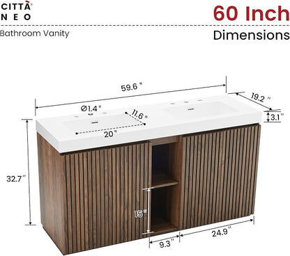 60 Inch Bathroom Vanity with Double Sink, Freestanding Double Sink Bathroom Vanity with White Engineered Stone Top, Open Storage Cabinet & Adjustable Shelf, Walnut (3 Holes)