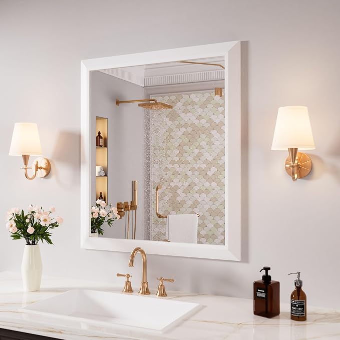 Bathroom Mirror for Wall, 28x32 Inch (White) | HD Reflection, Tempered Glass, Thick Metal Framed Rectangle Mirrors for Over Sink, Vanity, Bedroom, Living Room, Entryway.