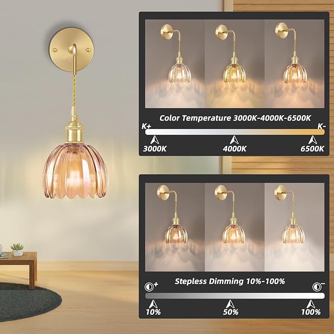 Battery Operated Wall Sconce CCT Dimmable Wireless Sconce, Vintage Light Fixture with Tulip Glass Lampshade Wall Decor for Living Room Bedroom Bedside 1PC Amber