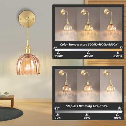 Battery Operated Wall Sconce CCT Dimmable Wireless Sconce, Vintage Light Fixture with Tulip Glass Lampshade Wall Decor for Living Room Bedroom Bedside 1PC Amber