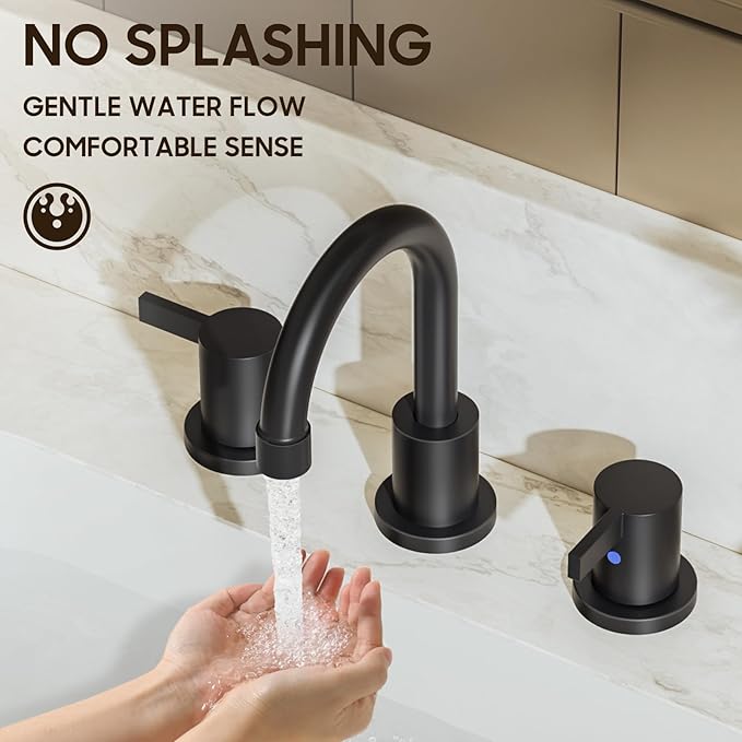 Phiestina Matte Black 8 Inch Widespread Bathroom Faucet 2 Handle 3 Hole Bathroom Vanity Faucet with Metal Pop Up Drain & Water Supply line,BF03042-K01-MB