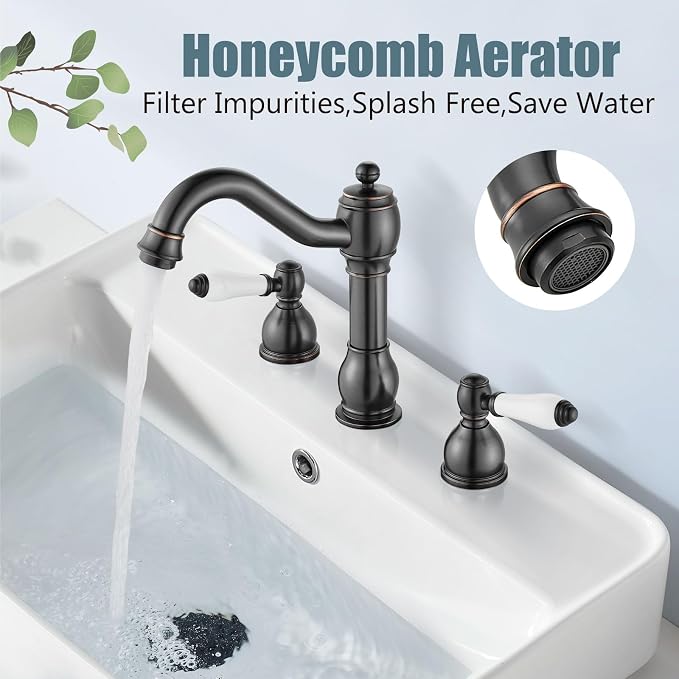 Widespread Bathroom Sink Faucet 3 Hole White Lever Oil Rubbed Bronze | Vintage 8 Inch Brass Sink Faucet,2 Ceramic Handle,Pop Up Drain,cUPC Hose,for 6-16″Centerset Basin,Farmhouse,RV,Vanity