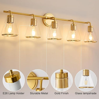 38.5" 5-Light Brushed Gold Modern Bathroom Vanity Light Fixture Over Mirror | Clear Glass Shade, Heat-Resistant Ceramic E26 Socket, Wall Sconces, Rustproof, Fit 40–48 Inch Mirrors for Vanity Table