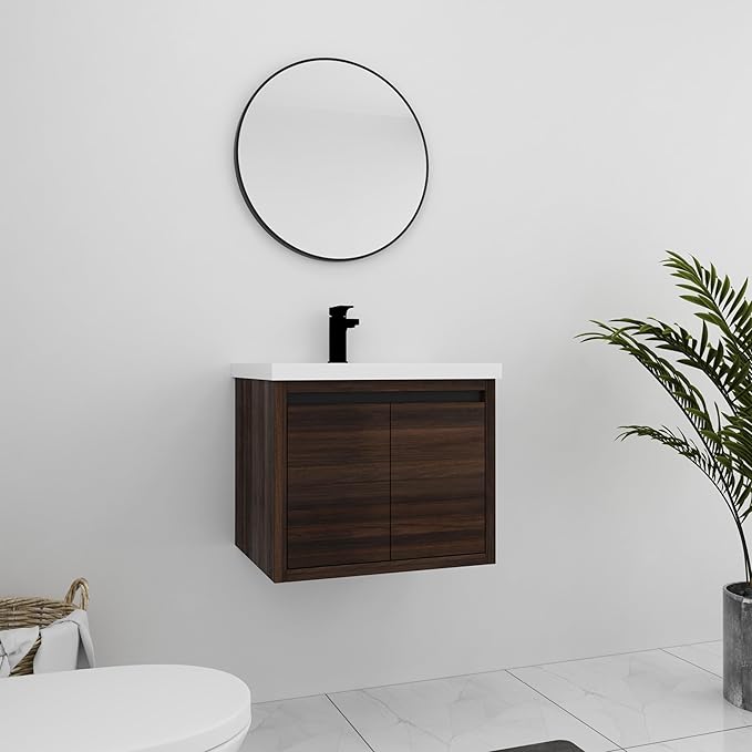 24 Inch Bathroom Vanity with Sink, Modern Floating Single Sink Bathroom Vanities Set, Wall-Mounted Bathroom Vanity, Soft Close Door (California Walnut, 18 * 24)