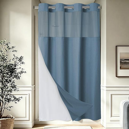 EUTXL Heavyweight Moonlight Blue Stall No Hook Shower Curtain with Snap in Liner,256GSM Waffle Weave Shower Curtains for Bathroom,54W x 80H