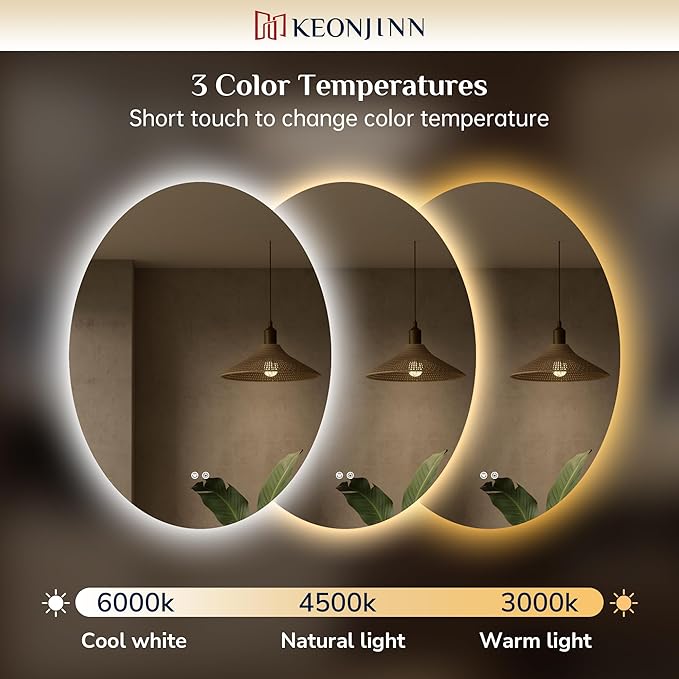 Keonjinn Oval LED Mirror for Bathroom 24" x 36", Backlit Mirror Bathroom with Dimmable 3 Colors Lights, Anti-Fog Tempered Glass Vanity Mirror, UL Listed LED Driver, Plug in/Hardwired