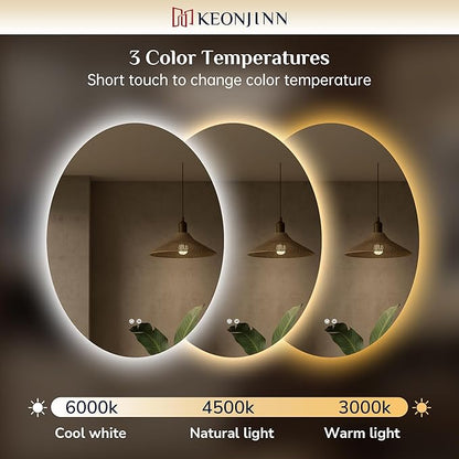 Keonjinn 22 x 30 Inch Oval LED Mirror, Frameless Backlit mirror bathroom with HD Tempered Glass, UL-Listed LED Driver, Anti-Fog, Dimmable, Memory Function, French Cleat Installation, Plug in/Hardwired