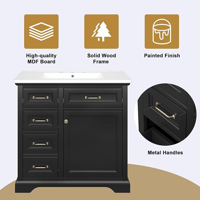 36" Bathroom Vanity with Ceramic Sink,Freestanding Storage Cabinet w/Soft-Close Door and 2 Tip-Out & 2 Drawers,Undermount Single Basin Bath Vanity Set w/Adjustable Shelf,Black