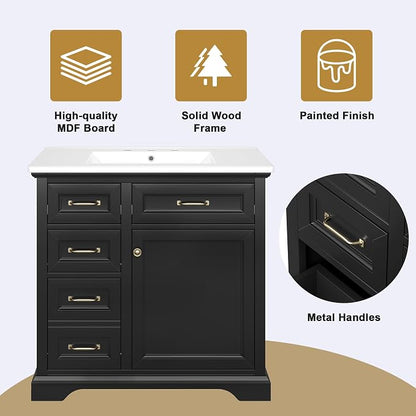 36" Bathroom Vanity with Ceramic Sink,Freestanding Storage Cabinet w/Soft-Close Door and 2 Tip-Out & 2 Drawers,Undermount Single Basin Bath Vanity Set w/Adjustable Shelf,Black