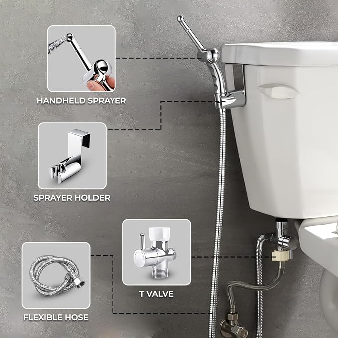 Sparkle Hand Held Bidet. Includes Hybrid T Adapter | Stainless Steel Toilet Hose Sprayer & Precision Knob/w Solid Brass Valve | Toilet Water Sprayer for All Toilets