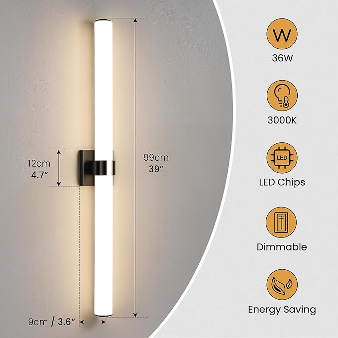 Bathroom Vanity Light - 39 Inch Black Bathroom Lighting Fixtures Over Mirror 36W 3000K Dimming LED Vanity Light Bar Modern Vanity Light Fixture for Mirror Bedroom Living Room