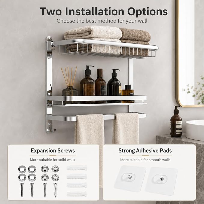 23 Inch Towel Rack for Bathroom with 3 Tier Shelf Double Bar Hook (Silvery) | 90 Degree Foldable Top Design, Wall Mounted Storage Shelf of 304 Stainless Steel, No Drill or Screw Installation