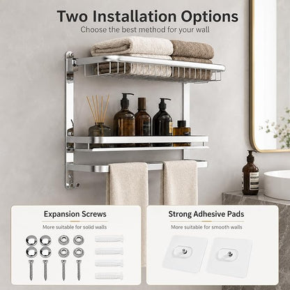 23 Inch Towel Rack for Bathroom with 3 Tier Shelf Double Bar Hook (Silvery) | 90 Degree Foldable Top Design, Wall Mounted Storage Shelf of 304 Stainless Steel, No Drill or Screw Installation